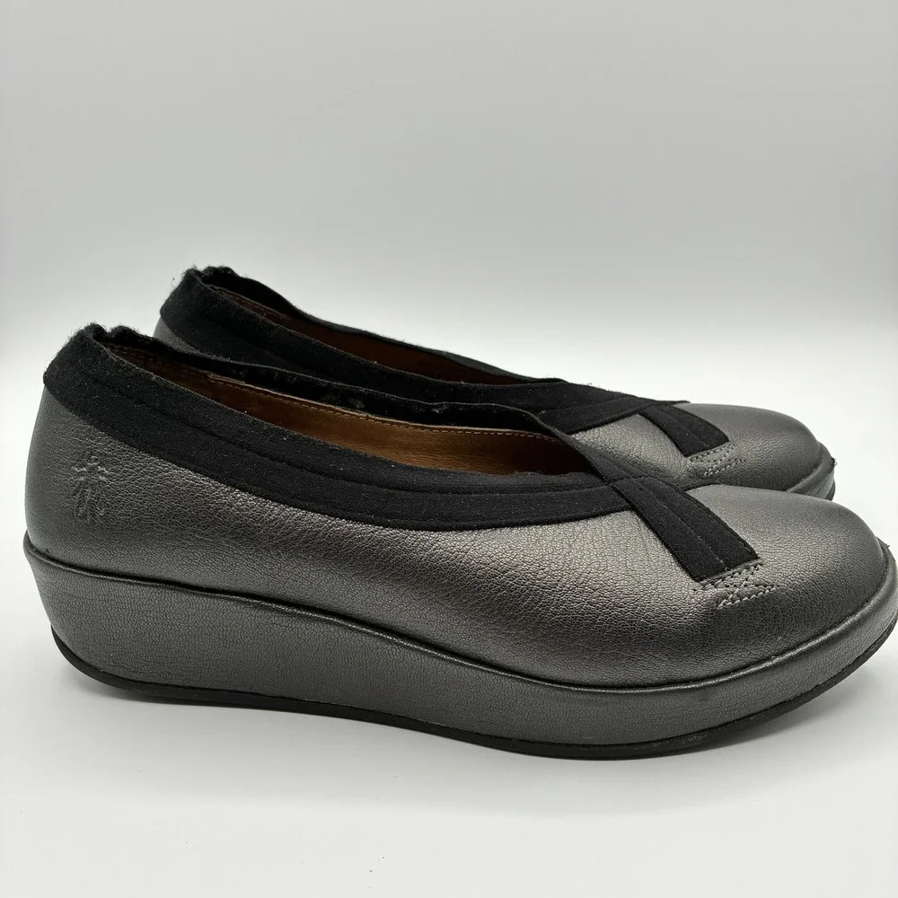 Fly London Bobi Wedge Loafers Womens 41 10 Black Metallic Leather Slip On Shoes